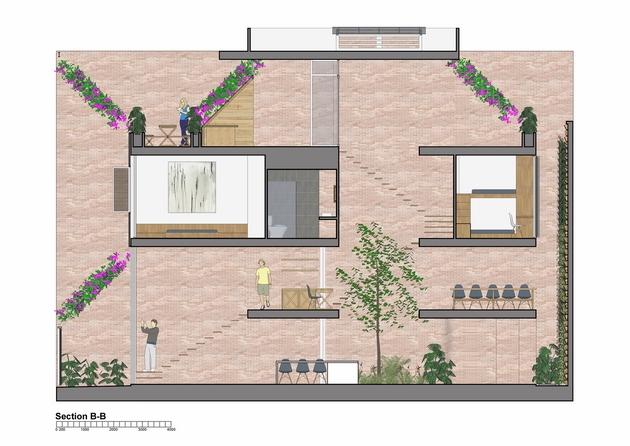 Mặt cắt của Lee and Tea House. Các khoảng đặc được hạn chế tối đa. Thông tầng được bố trí dọc khắp chiều dài nhà, giúp công trình được thông thoáng, giảm bớt cảm giác nặng nề do vật liệu thô mộc mang lại. Mặt cắt của Lee and Tea House. Các khoảng đặc được hạn chế tối đa. Thông tầng được bố trí dọc khắp chiều dài nhà, giúp công trình được thông thoáng, giảm bớt cảm giác nặng nề do vật liệu thô mộc mang lại.